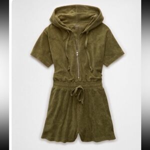 American Eagle Outfitters Olive Green Hooded Terry Romper